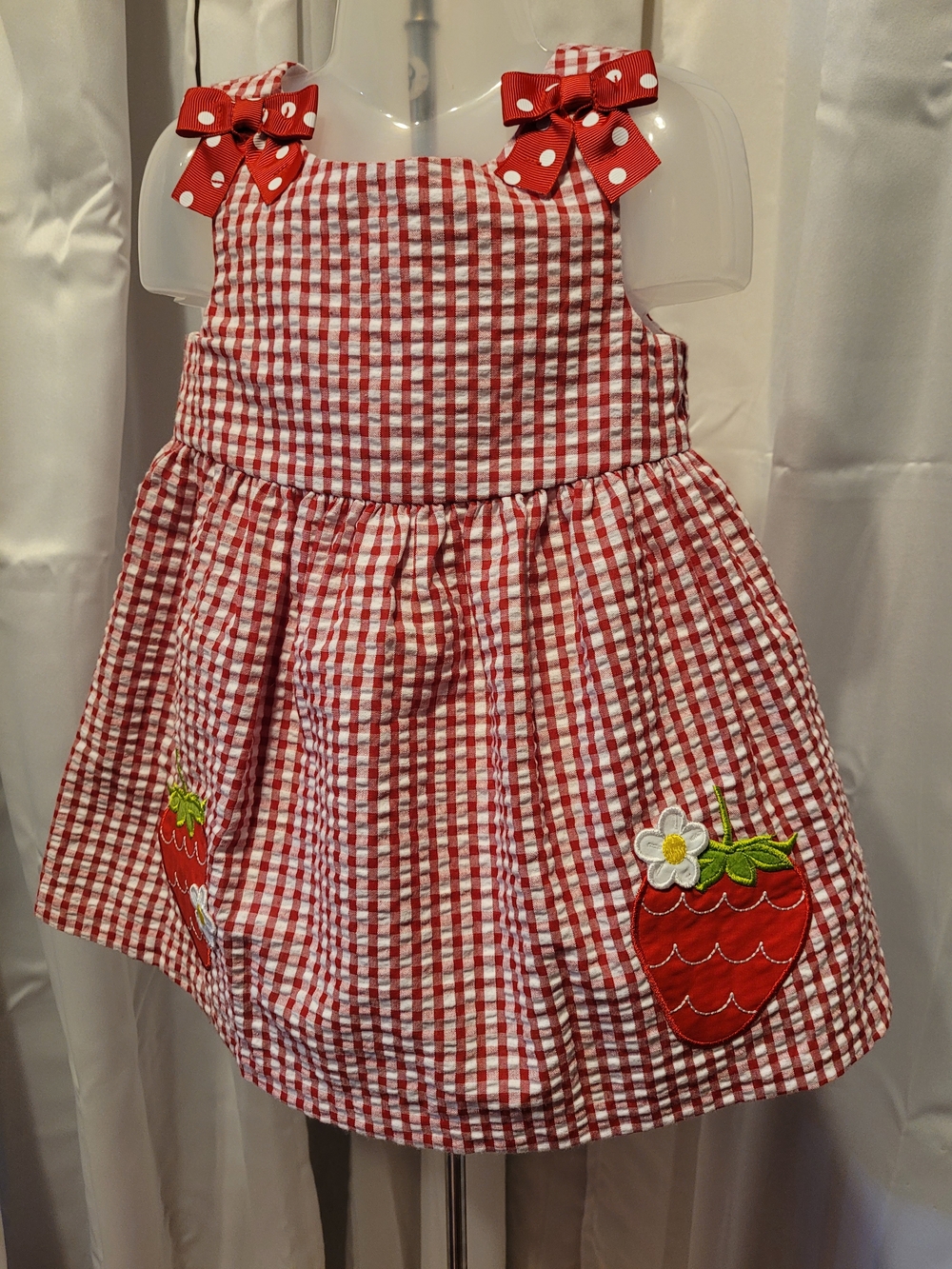 Red Gingham Strawberry Appliqué Girls One-Piece Dress with Bow Straps